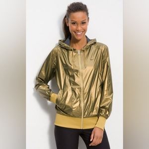 Nike Athletic Department Gold Shiny Windbreaker Jacket Coat with Hood